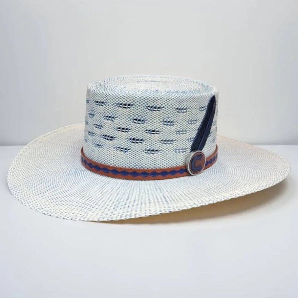 Cream and Blue Patterned Straw Hat - Picture 6 of 6